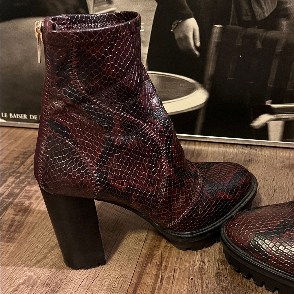 Vince Camuto Red and Black Faux Snakeskin Heeled Boots. 4” heel, back zip
